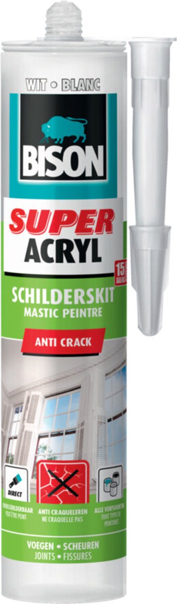 Bison sigillante super acrilico per pittori tubo bianco 300 ml, direttamente verniciabile, bianco, interno esterno, permanentemente elastico, sigilla giunti, cuciture, crepe e crepe