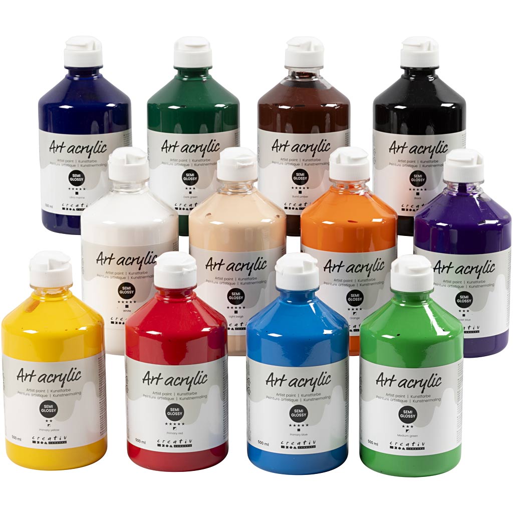 Creative Company Paint acrilico, semi-lucido, colori standard, 12x500 ml 1 box
