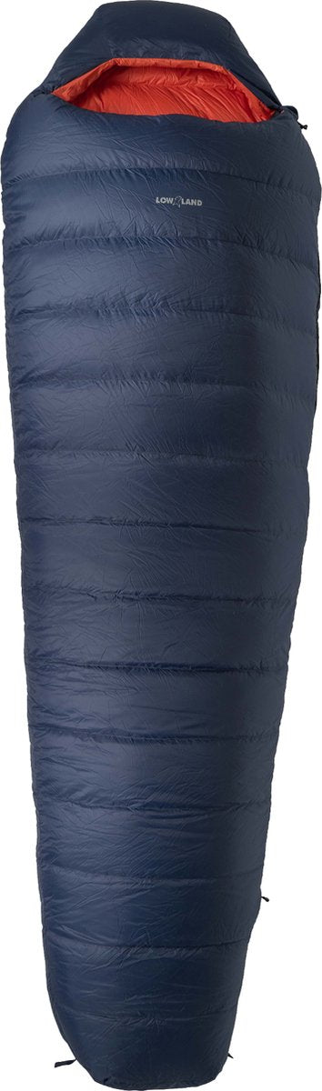 Lowland outdoor - kibo -5 - sacco a pelo mummia in piuma -5°c - 1195 gr - 225x80 cm - blu navy arancione
