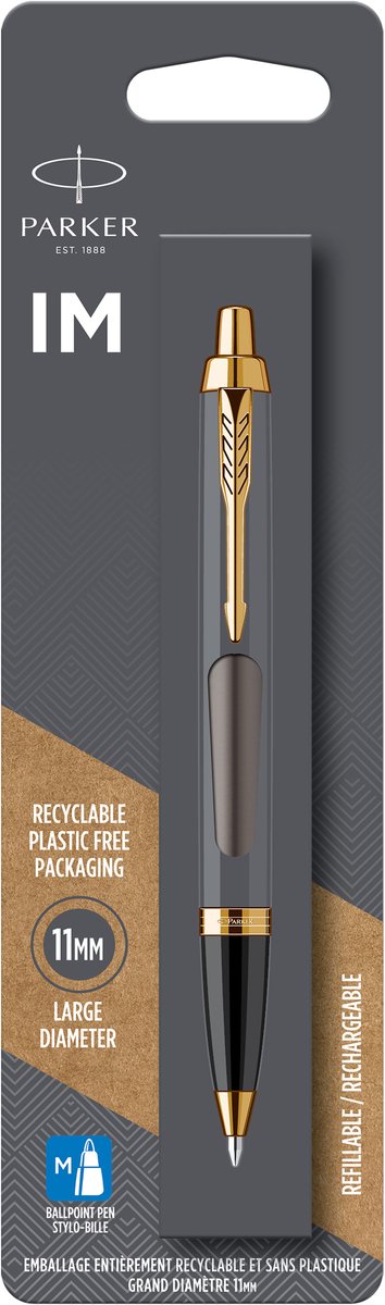Parker im penna a sfera | vernice grigia con dettagli oro | punto medio | inchiostro blu