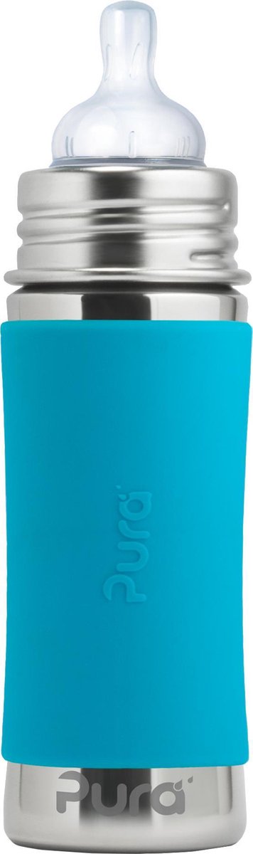 Pura teat bottle 325 ml - plastic-free - drinking bottle - prevents stomach cramps - dishwasher safe - including silicone teat, travel cap and sleeve - top is interchangeable - versatile - aqua