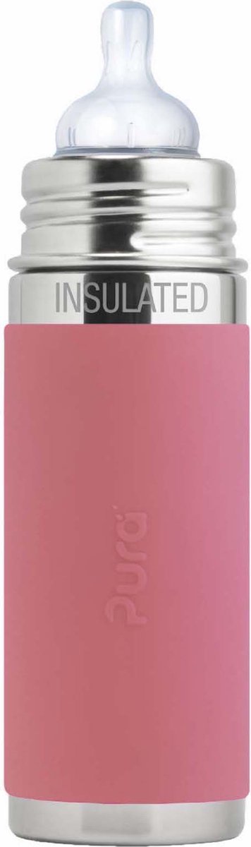 Pura thermos teat bottle 260 ml - thermos - thermos bottle - plastic-free - with insulation wall - prevents stomach cramps - including silicone teat, travel cap and sleeve - pink