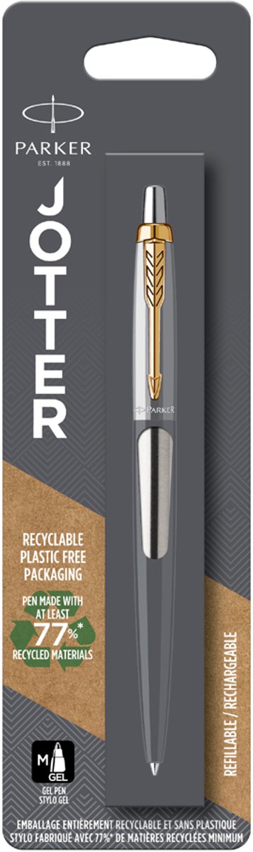 Bolígrafo de gel Parker Jotter | acero inoxidable con detalle dorado | tinta negra de punta media (0,7 mm)
