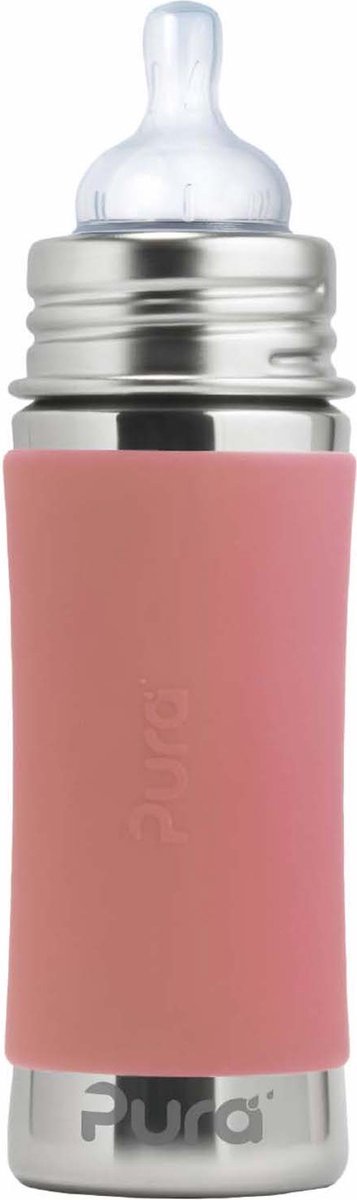 Pura teat bottle 325 ml - plastic-free - drinking bottle - prevents stomach cramps - dishwasher safe - including silicone teat, travel cap and sleeve - top is interchangeable - versatile - pink