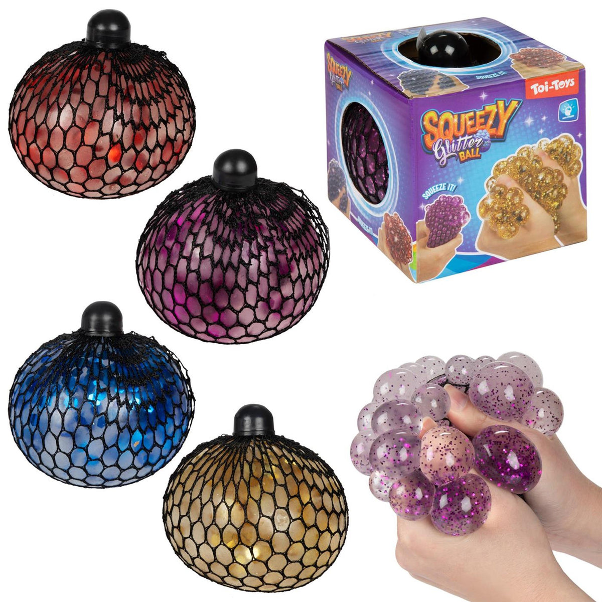 Toi-toys fun glitterknijpbal in net 10cm