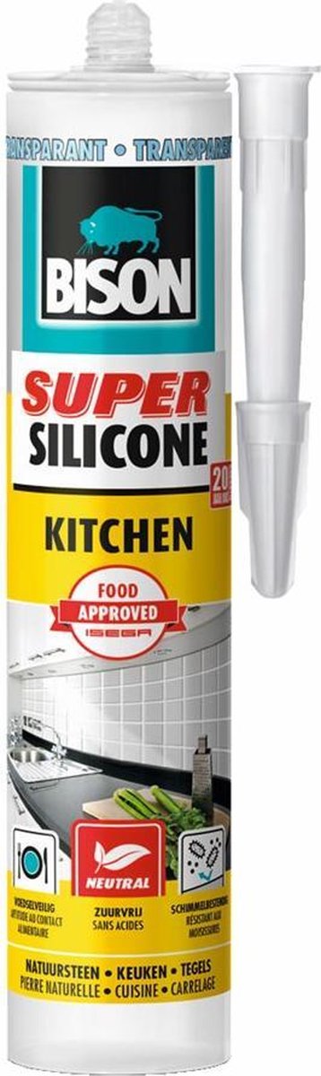 Bison super silicone cucina tubo trasparente 300 ml, sigillante siliconico, cucina, giunti, igienico, resistente all'usura e resistente alla temperatura da -50°c a +120°c