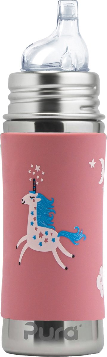 Pura spout bottle 325 ml - spout cup - grows with you - plastic-free - dishwasher safe - including silicone spout, travel cap and sleeve - pink unicorn