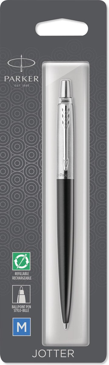 Bolígrafo Parker Jotter | bond street negro con borde cromado | punto medio con tinta azul