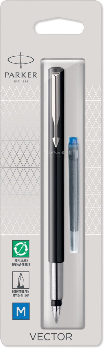 Penna stilografica Parker vettoriale | nero con finitura cromata | punto medio | inchiostro blu | appendere la linguetta