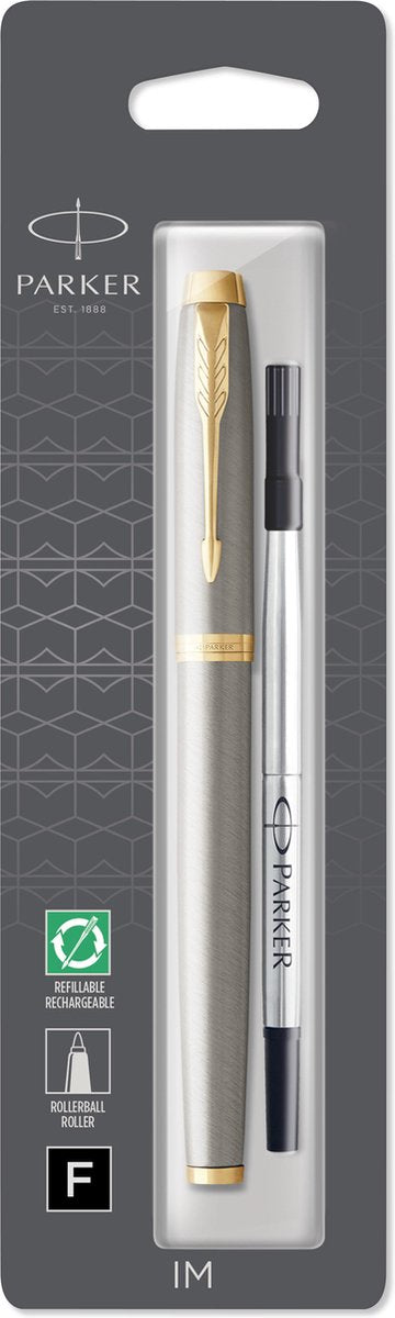 Parker im penna roller | metallo spazzolato con finitura oro | pennino fine | inchiostro nero