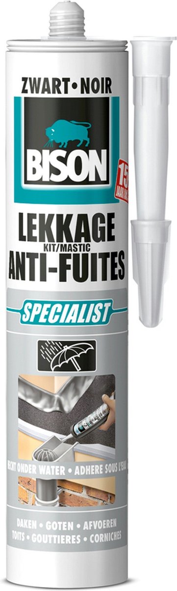Bison lekkagekit zwart koker 300 ml, elastische afdichtingskit, waterdichte reparaties, voegen en scheuren op en rondom het dak, makkelijk aan te brengen kit