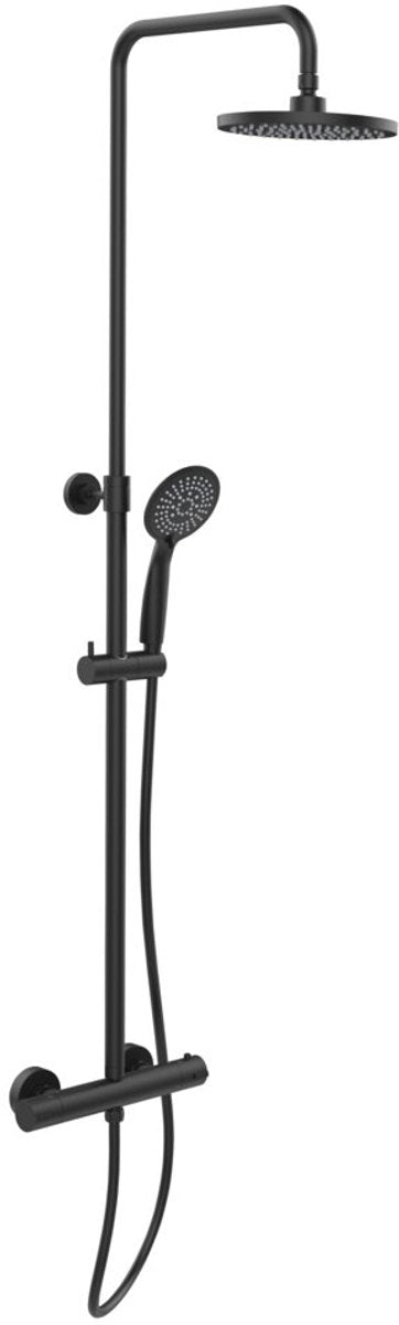 Wenko doucheset young eco in mat zwart met regendouche ø20cm, rvs douchestang uitschuifbaar van 75-120cm, douchekophouder, douchekop ø11cm met 5 standen, doucheslang 150cm en thermostatische douchekraan - waterbesparend - regendoucheset-douchesysteem