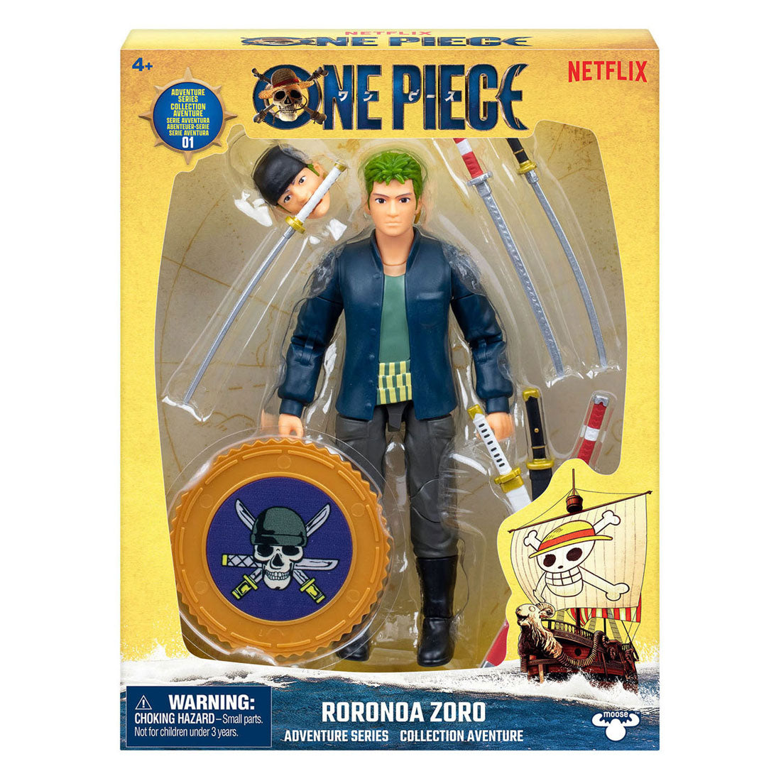 Moose gioca con l'action figure Zoro in un pezzo