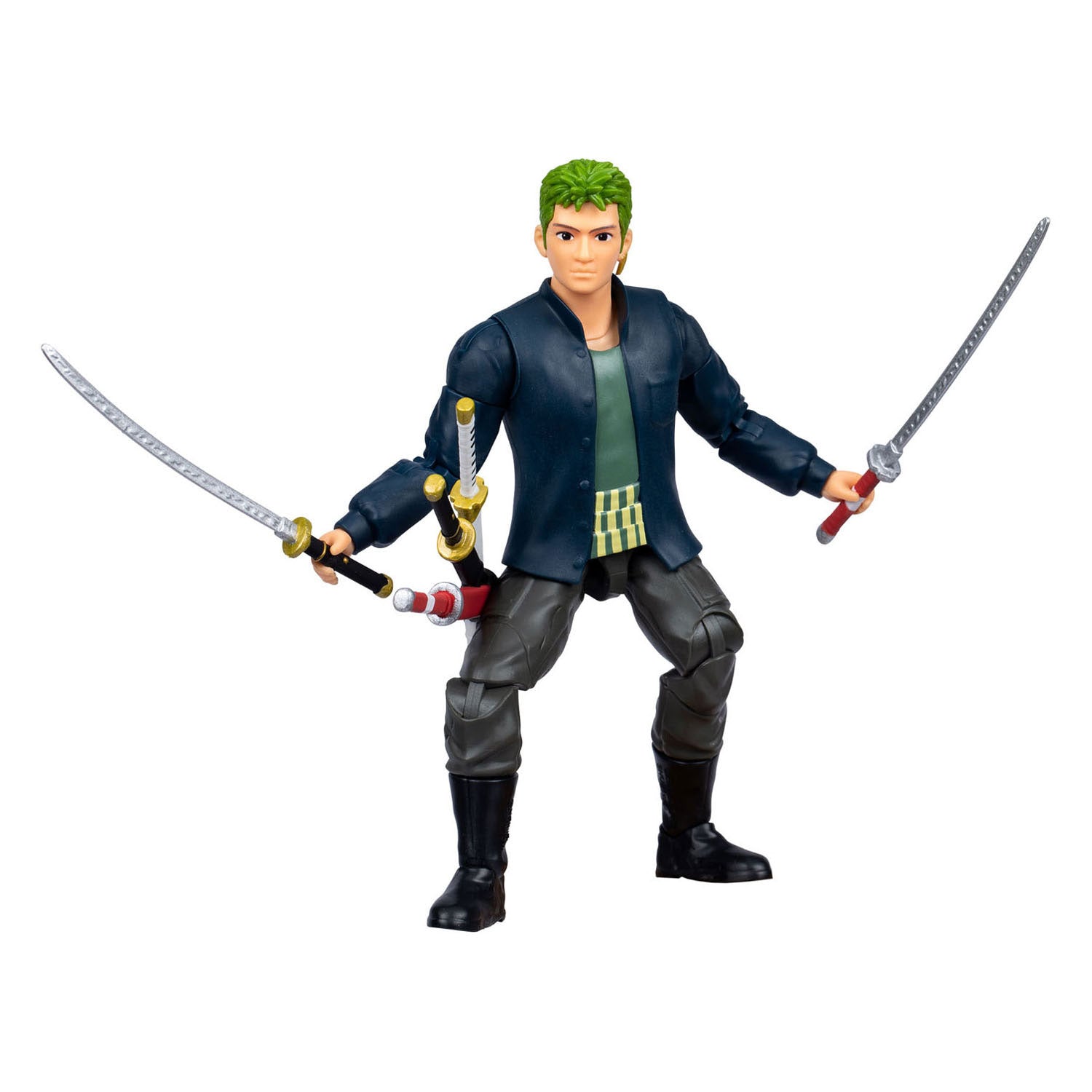 Moose gioca con l'action figure Zoro in un pezzo