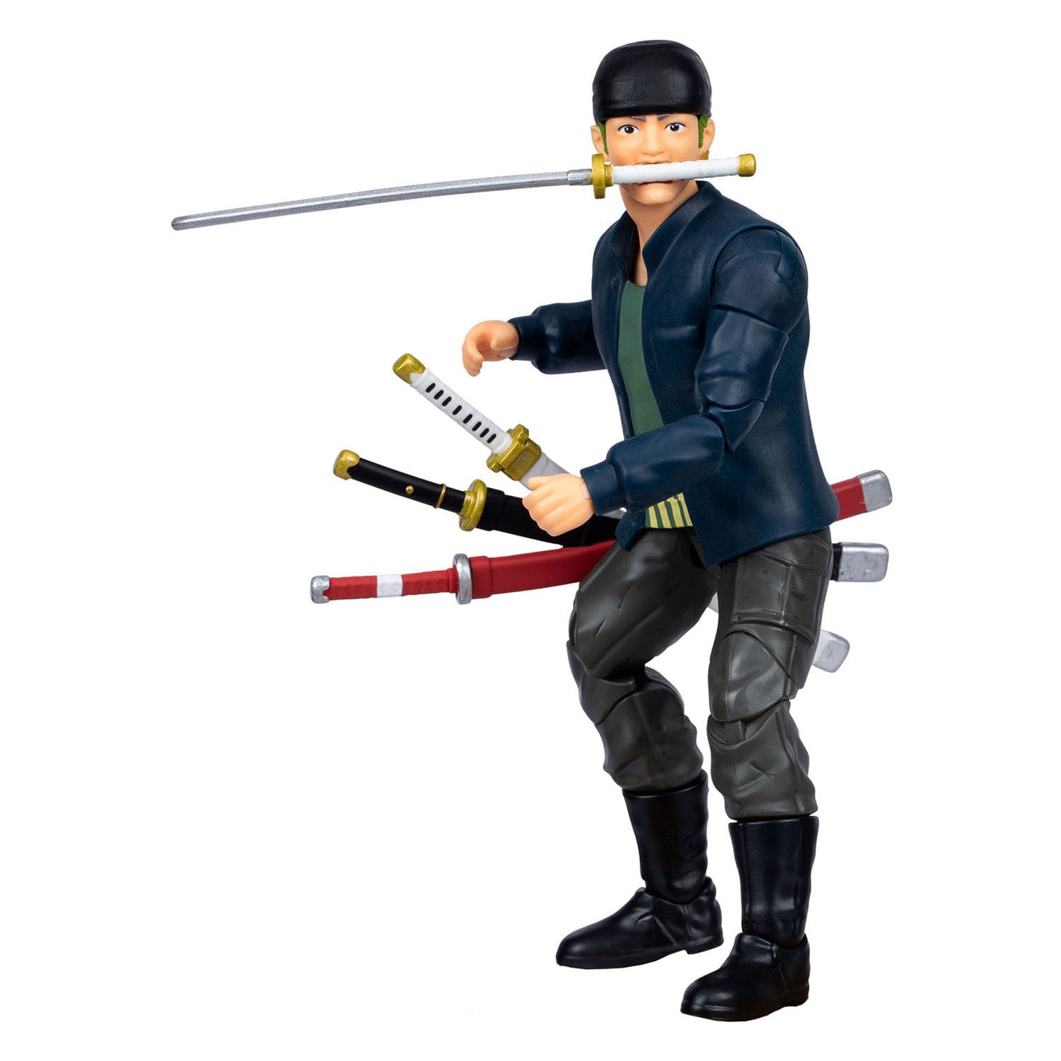 Moose gioca con l'action figure Zoro in un pezzo