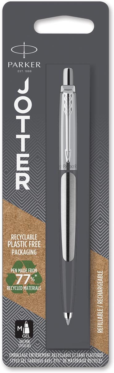 Bolígrafo de gel Parker Jotter | acero inoxidable con detalle cromado | tinta negra de punta media (0,7 mm)