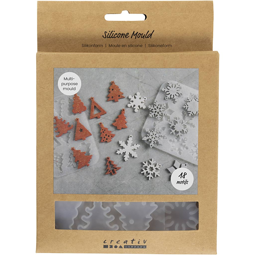 Forme in silicone, fiocchi di neve e alberi di Natale dell'azienda Creativ, h: 0,3 cm, l: 3,5 + 4,7 cm, con foro per appenderlo, trasparente opaco, 2 pezzi 1 pezzo
