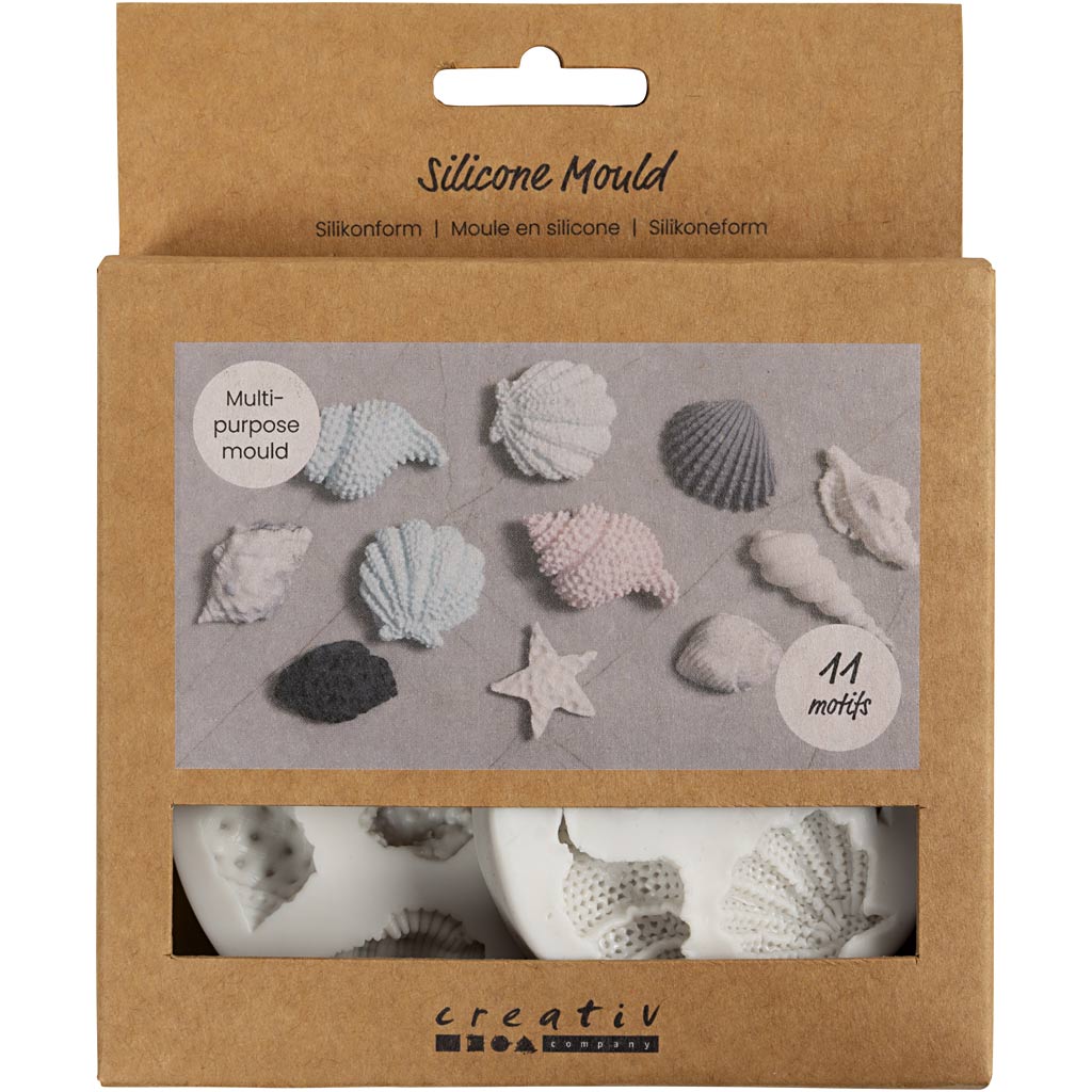 Forme in silicone dell'azienda Creativ, stella marina, conchiglia grande, conchiglia, h: 0,3-1 cm, l: 1,3-3,3 cm, 2 pezzi 1 scatola