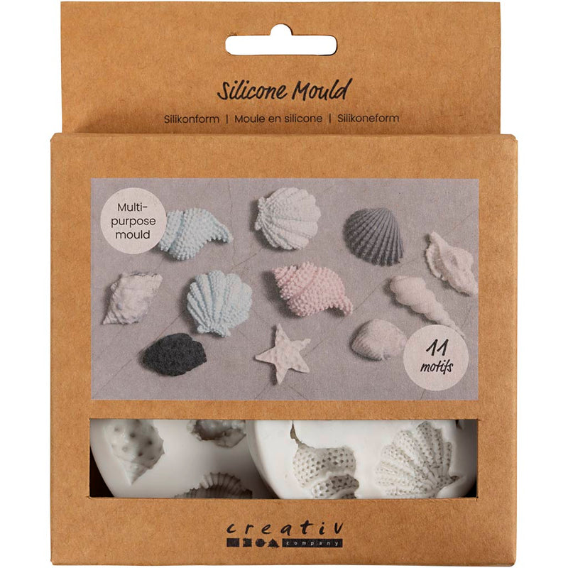 Forme in silicone dell'azienda Creativ, stella marina, conchiglia grande, conchiglia, h: 0,3-1 cm, l: 1,3-3,3 cm, 2 pezzi 1 scatola