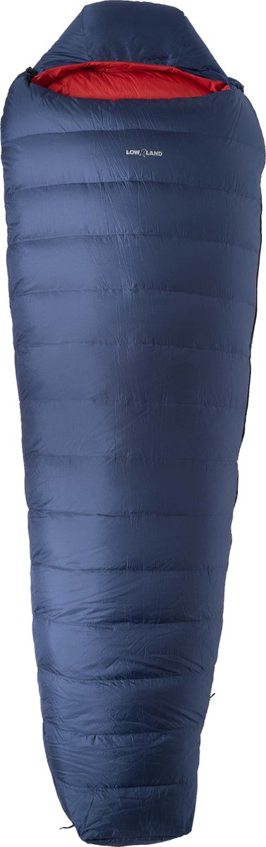 Lowland outdoor - kibo zero - sacco a pelo mummia in piuma 0°c - 995 gr - 225x80 cm - blu navy rosso