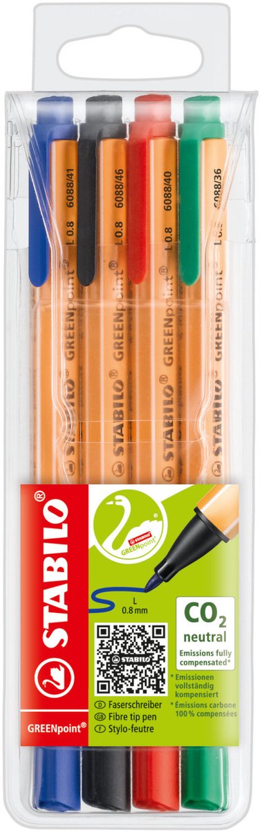 Stabilo greenpoint - fineliner hardtip 0,8 mm - punta in nylon - co2 neutro - custodia con 4 colori