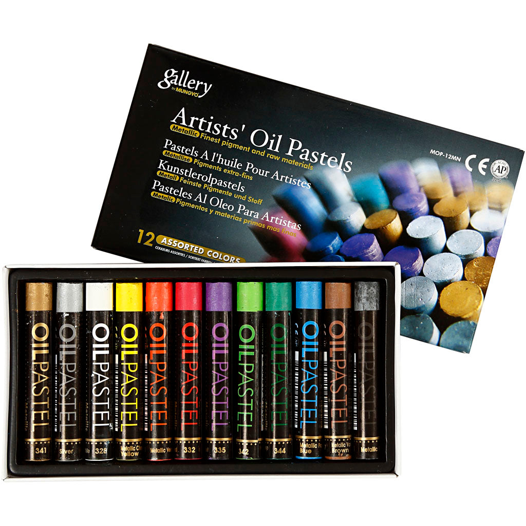 Gallery pastello a olio, l: 7 cm, spessore 11 mm, colori metallizzati, 12 pezzi 1 scatola