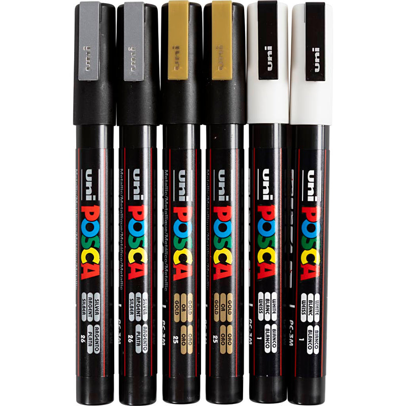 UNI-POSCA POSCA MARKER, AFM PC-3M, spessore della linea 0,9-1,3 mm, fine, oro, argento, bianco, 6 div 1 scatola