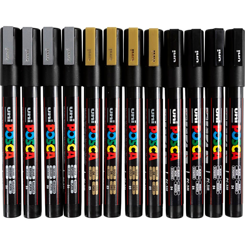 UNI-POSCA POSCA MARKER, AFM PC-3M, spessore della linea 0,9-1,3 mm, fine, nero, oro, argento, 12 div 1 box