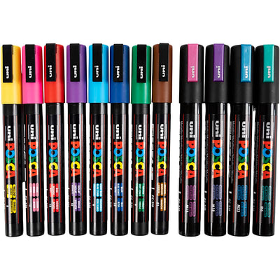 Rotulador posca uni-posca, tamaño pc-5m + pc-3m, ancho de trazo 0,9-1,3+2,5 mm, varios colores, 12 div 1 caja