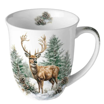 Tazza Ambiente 400ml cervo invernale in porcellana bianca dia.10x10,5cm