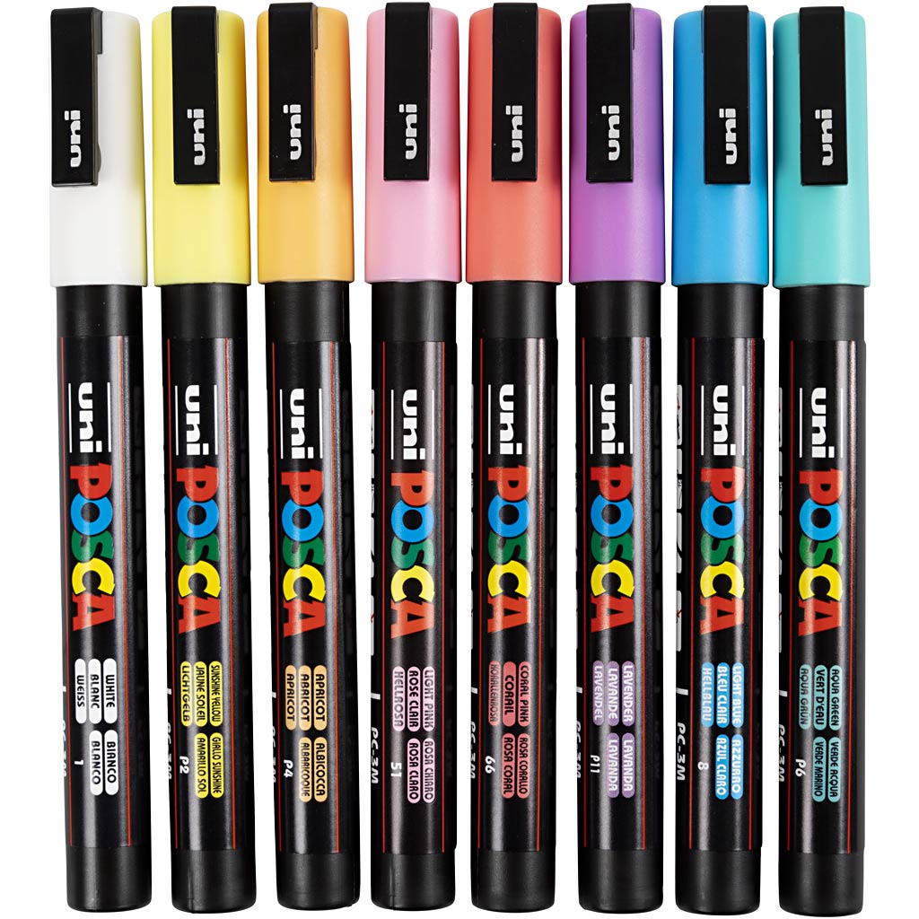 Uni-Posca Posca Marker, AFM PC-3M, line thickness 0.9-1.3 mm, fine, various colors, 8 div 1 box