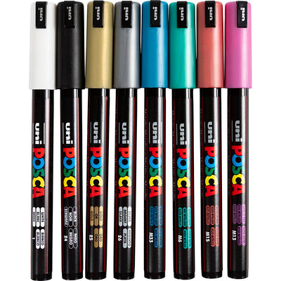 UNI-POSCA POSCA MARKER, AFM PC-1MR, spessore della linea 0,7 mm, Extrapine, Colori metallici, 8 Div 1 Box