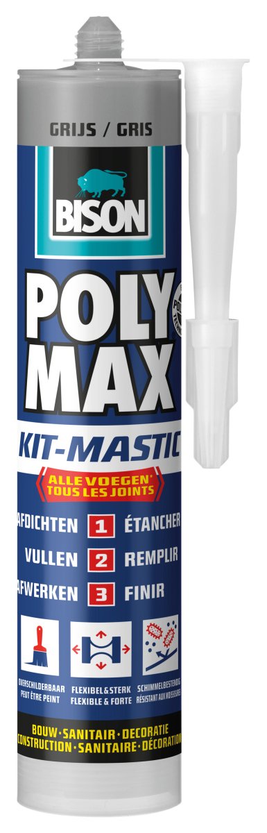 Bison poly max kit gris tubo 280 ml, kit todo en 1, sello impermeable, universal, interior y exterior. relleno, resistente a temperaturas de - 40°c a + 100°c