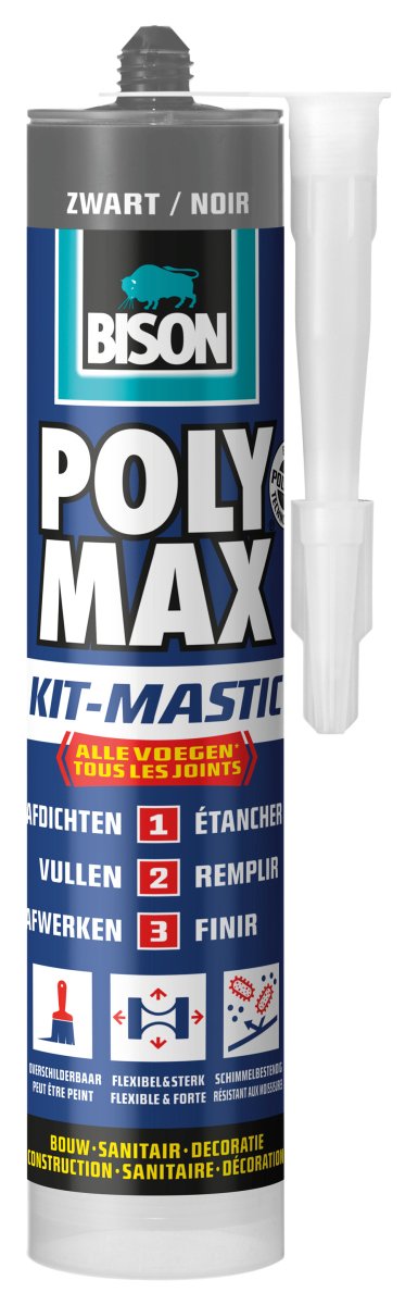 Bison poly max kit tubo negro 280 ml, kit todo en 1, junta impermeable, universal, interior y exterior, pintable, relleno, resistente a temperaturas de - 40°c a + 100°c
