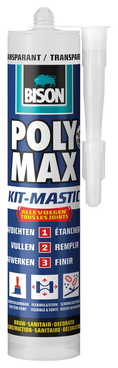 Bison poly max kit tubo trasparente 280 ml, kit tutto in 1, guarnizione impermeabile, universale, per interni ed esterni, verniciabile, riempitivo, irrestringibile, resistente a temperature da - 40°c a + 100°c