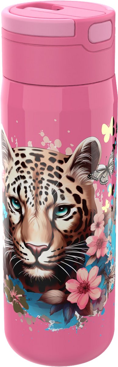 Lunch buddies leopardo - biberón con mariposas florales - con pajita - doble pared - mantiene el frío durante 12 horas - acero inoxidable - 500 ml - cierra bien - biberón para niños - sin BPA - rosa