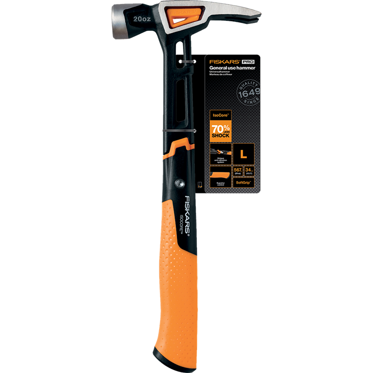 Fiskars isocore - timmermanshamer - l - schokabsorberend - magnetische nagelhouder