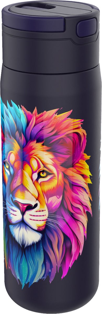 Botella con forma de león de Lunch Buddies - con pajita - de doble pared - mantiene el frío durante 12 horas - acero inoxidable - 500 ml - cierra bien - botella para niños - sin BPA - negra