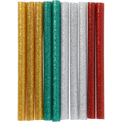 Stick di colla Creativ Company mini, L: 10 cm, P 7 mm, glitter, oro, verde, rosso, argento, 10 pezzi 1 scatola