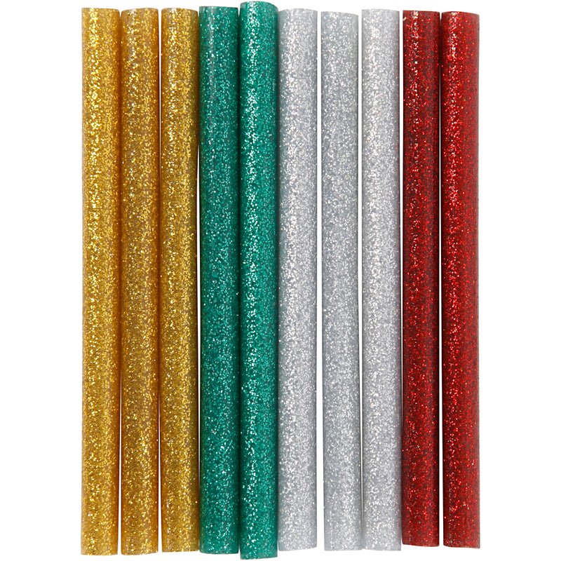 Stick di colla Creativ Company mini, L: 10 cm, P 7 mm, glitter, oro, verde, rosso, argento, 10 pezzi 1 scatola