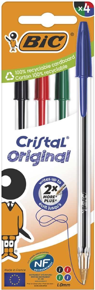 Bic cristal original, clip, bolígrafo, azul, 4 pieza(s), mediano
