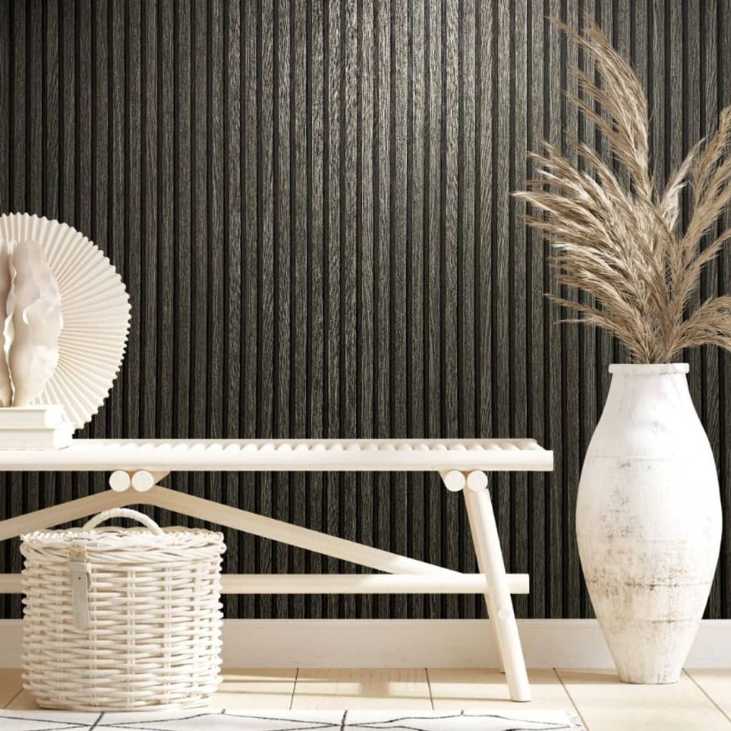 Wall North Noordwand Wallpaper Botanica Wooden Slats Black and Grey