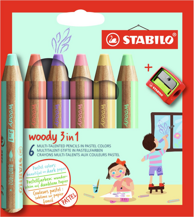 Stabilo woody 3 in 1 pastel - multi talent kleurpotloden - etui met 6 kleuren puntenslijper