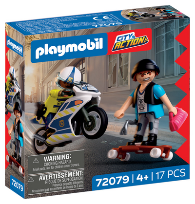 Playmobil city action persecución en moto policial | policía persigue a un ladrón en longboard | estimula la creatividad | juguetes infantiles para niños a partir de 4 años | 72079
