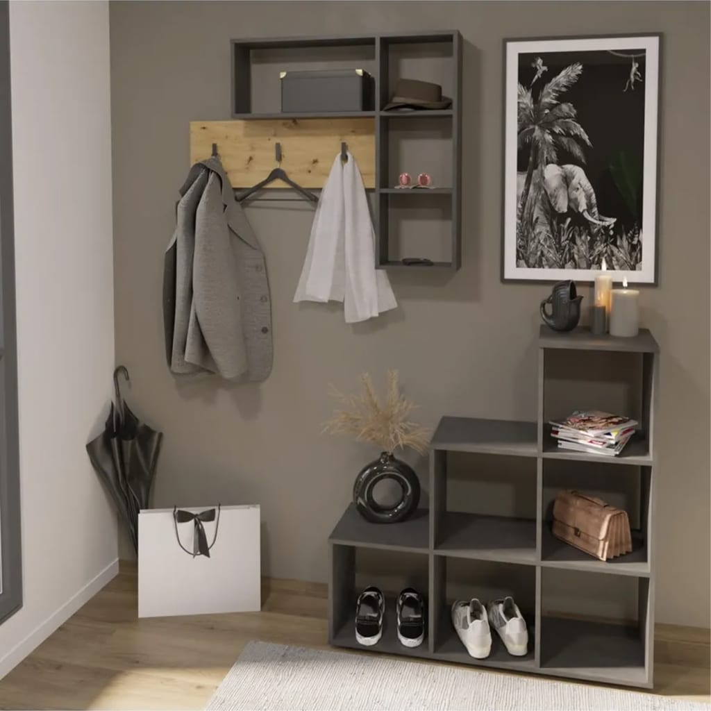 FMD FMD Wall Coat Back con 4 compartimentos abiertos de antracita y roble de color