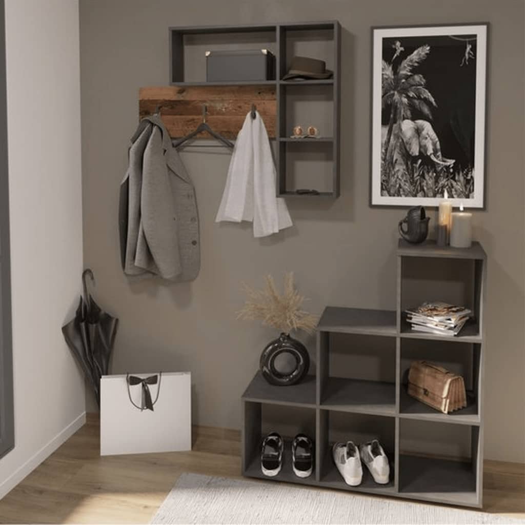 FMD FMD FMD Wall Coat Rack con 4 compartimentos abiertos de antracita y marrón oscuro