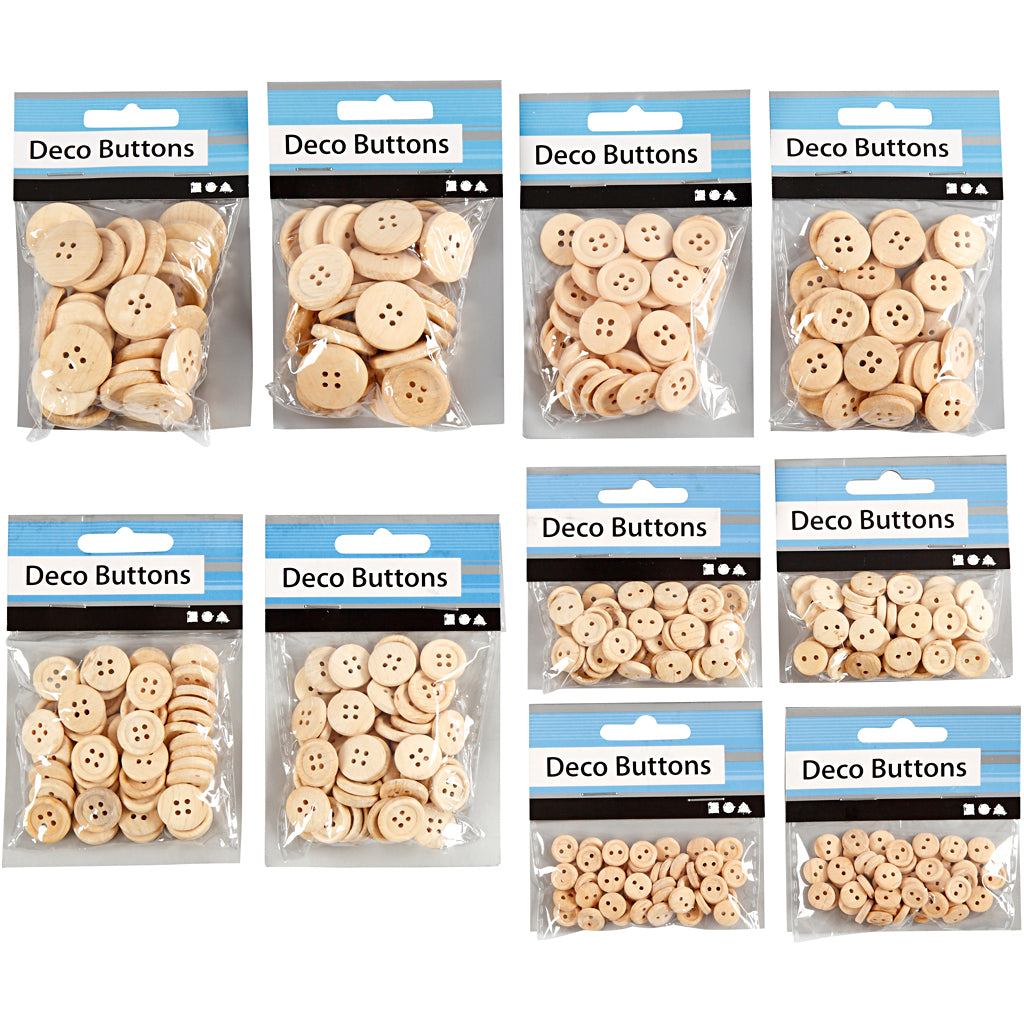 Botones de madera Creativ company, d 8+11+15+18+23 mm, 440 piezas 1 caja