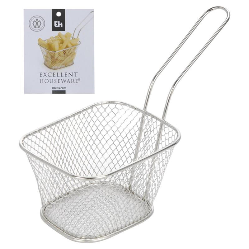 Excelente cesta para freír cromada con asa 10x10cm