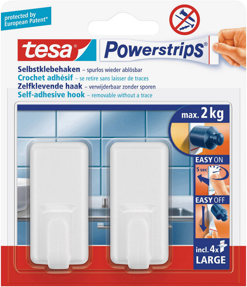 Tesa adhesive hooks with white power strips