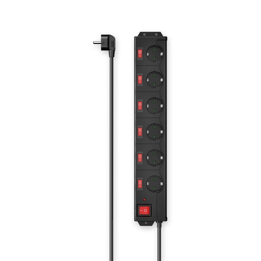 Regleta Hama de 6 vías con protección contra sobretensión. 90° ind. conmutable, 1,4 m negro